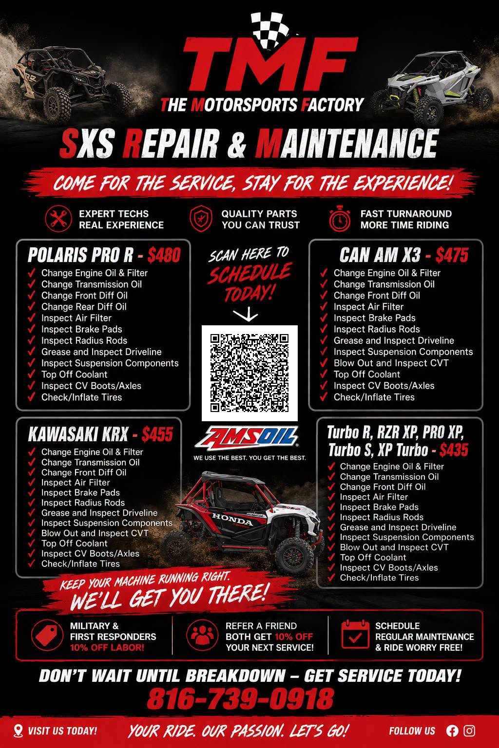 TMF SxS repair and maintenance flyer with service packages and pricing