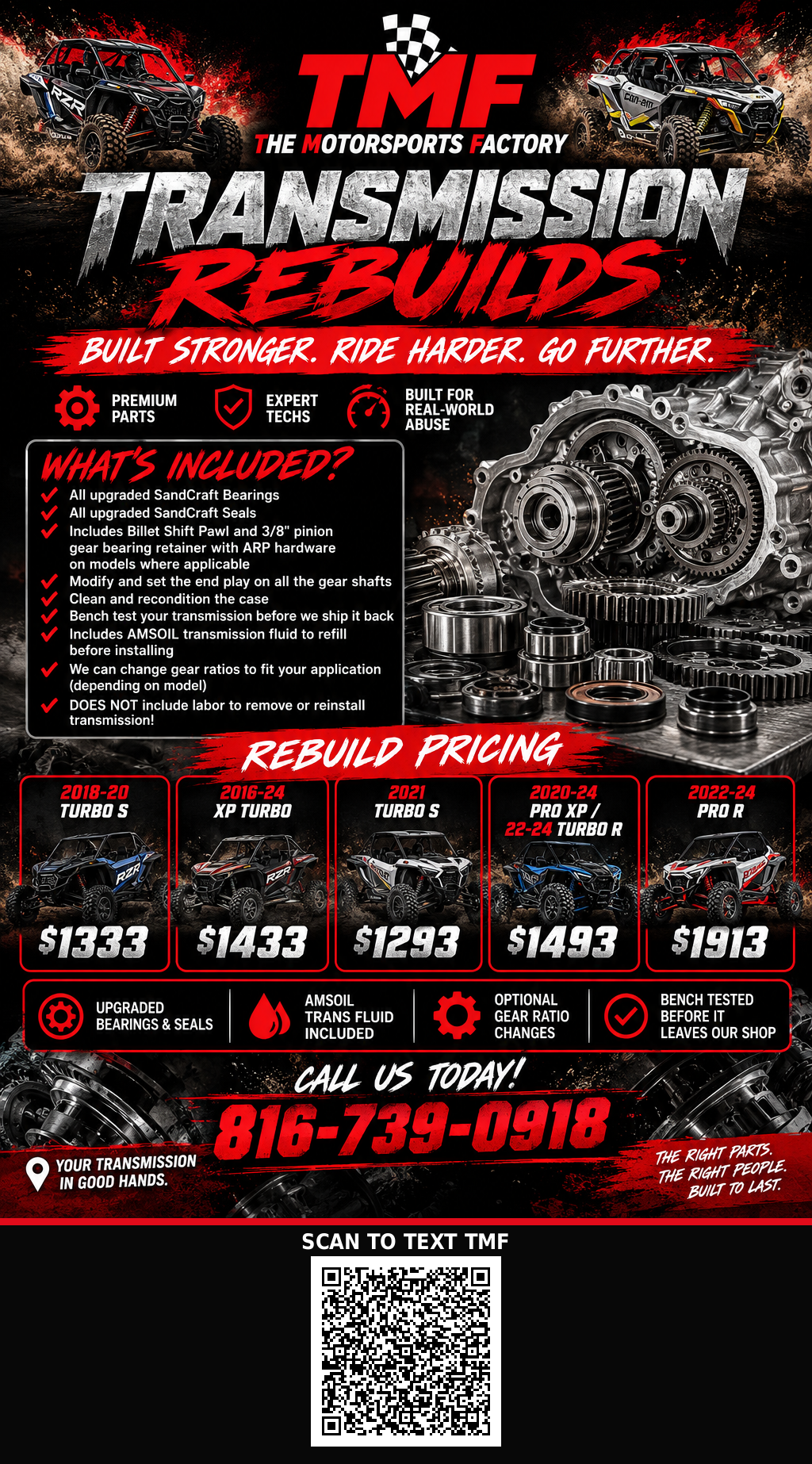 TMF transmission rebuild flyer with included upgrades, model pricing, and contact QR code